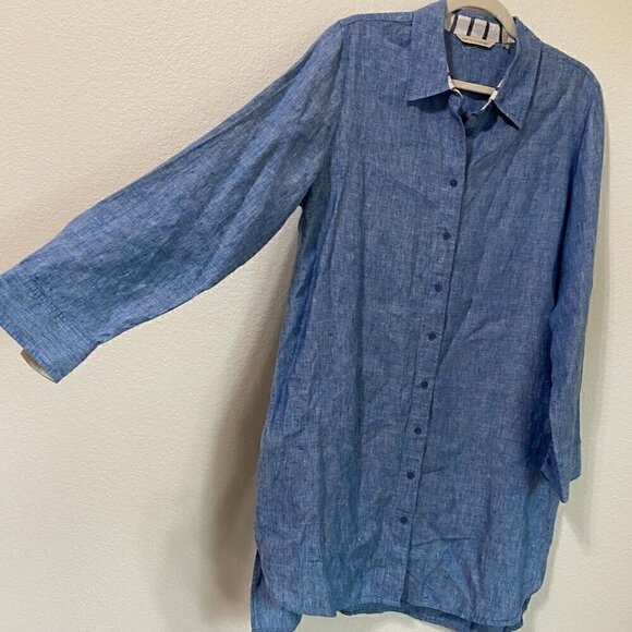 Soft Surroundings 100% Linen Blue Button Down Long Sleeve Shirt Dress Large - Picture 3 of 9